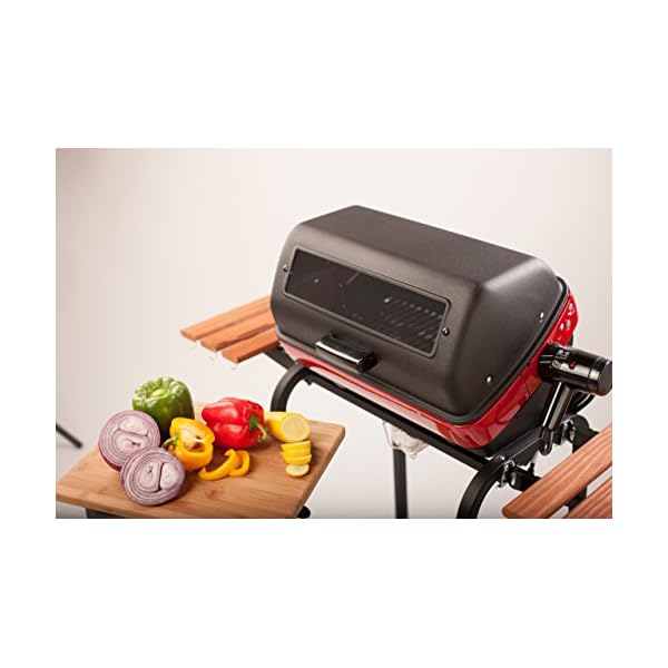 Americana-Electric-Cart-Grill-with-two-folding-composite-wood-side-tables-and-wire-shelf