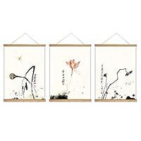 3 Panel Hanging Poster with Wood Frames Lotus Canvas Artwork Wall Picture Home Decoration - 18