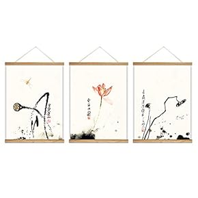 3 Panel Hanging Poster with Wood Frames Lotus Canvas Artwork Wall Picture Home Decoration - 18"x24"x3 Panels