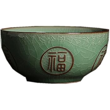 Chinese Rice Bowl 10 Ounce 4.5Inch Crackle-Glazed Porcelain Engraved FU Chinese Celadon (1)