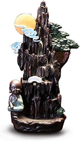 Guwheat Incense Burner, Creative Backflow Waterfall Mountain Incense Holder for Cone Home Decor Aromatherapy Ornament with Gift Box (Moon Monk)