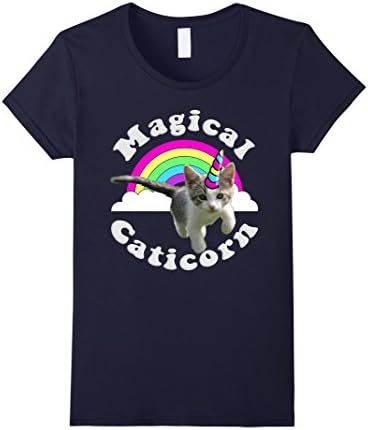 Women's Magical Caticorn Unicorn Cat Kawaii Rainbow T-shirt Small Navy
