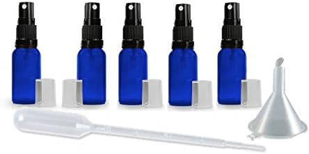 6 Grand Parfums 5ml Cobalt Blue Glass Fine Mist Atomizer Spray Bottles, with Black Mister and Clear Hood, Essential Oil Safe