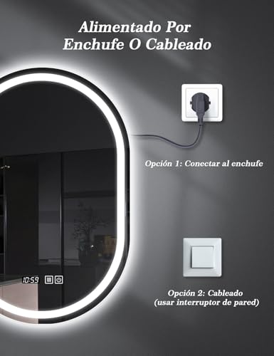 SAGIWO Espejo de Baño LED 50 * 70 cm, Espejo Inteligente Antivaho Ovalado, con Luz Ajustable en 3 Colores, Función de Hora, Instalación Vertical/Horizontal