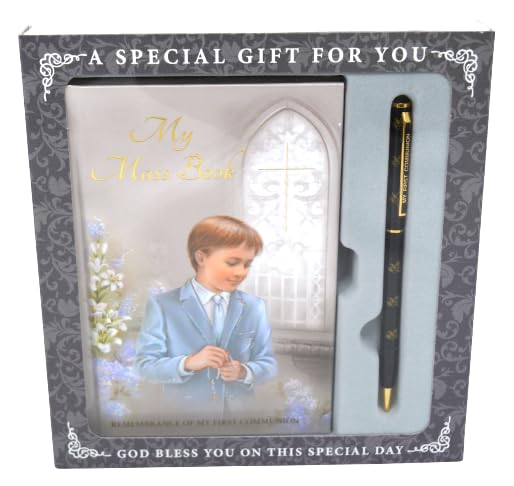 Celebrationgiftsforall First Holy Communion My Mass Book and Pen Presentation Set for Boys with Prayer Card