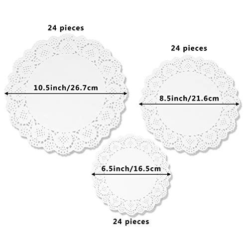 VIPITH 72 Pieces White Round Lace Paper Doilies Cake Packaging Paper Pad for Party or Wedding Tablewear Decoration, 6.5 Inch, 8.5 Inch, 10.5 Inch