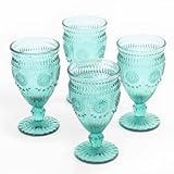 The Pioneer Woman Adeline Embossed 12-Ounce Footed Glass Goblets, Set of 4 (Turquoise)