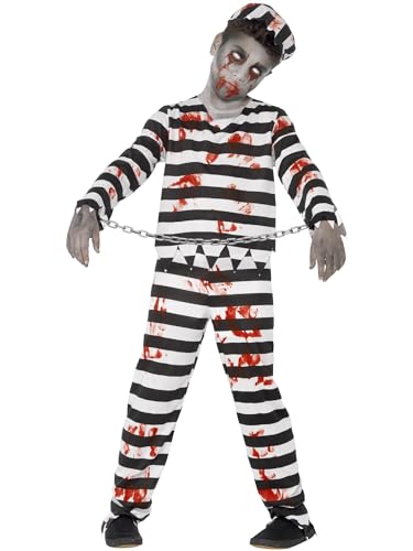 Smiffys Zombie Convict Costume, Black & White with Trousers, Top, Hat & Wrist Cuffs, Halloween Child Fancy Dress, Halloween Dress Up Costumes