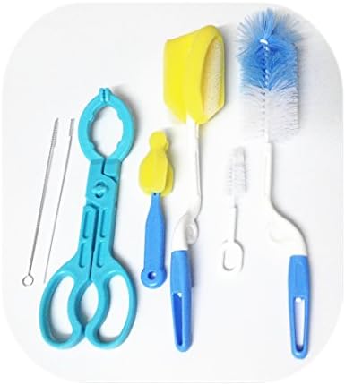 HiCat 7-in-1 Baby Bottle Brush Cleaning Kit, Great for Baby Bottles, Drinking Straws, Nipples and More, Safety Bottle Holder, Multi-Functional Non-Slip Nursing Hot Bottle Nipple Tong, Clamp (Blue)