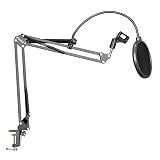 Neewer NB-35 Black Microphone Suspension Boom Scissor Arm Stand with Mic Clip Holder and Table Mounting Clamp & NW(B-3) Black Pop Filter Windscreen Mask Shield with Stand Clip Kit