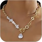 Chunky Gold Pearl Statement Choker Necklace Boho Baroque Pearls Irregular Y Pendant Necklaces for Women Fashion Y2k Geometric Jewelry Link Chain Accessories