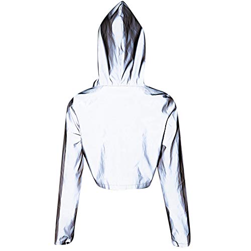 Crop Top Flash Reflective Women Jacket Casual Hoodies Fashion Streetwear 2019 Autumn Winter Female Zipper Sweatshirt(White, L)