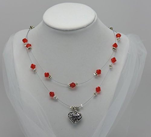 Floating Illusion String Necklace. Red Crystals and Daisy Spacers, decorated with a Heart Pendant.