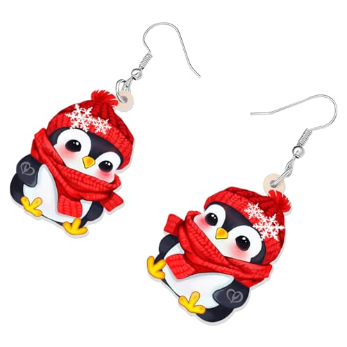 LONYOO Christmas Earrings Penguin for Women Girl Gifts Pendant Jewelry Santa Hat Red Scarf Decorations