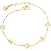 Cute Daisy Flower Bracelet for Women Dainty Bohemian Floral Beads White Yellow Enamel Petals Stainless Steel Adjustable Link Chain Sweet Spring Sunflower Charm Bracelets Fashion Party Beach Jewelry