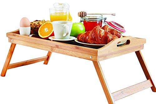 GOURMEX Bamboo Foldable Tray | Use as Lap Desk, Breakfast Bed Table, TV Tray | Great for Food, and Activities in Bed, Couch, Floor, in or Outdoor | with Handles and Folding Legs (Light Brown)