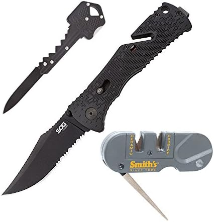 Save set SOG trident assisted folding knife tf1-cp - black tini 3.75" aus-8 partially serrated blade, grn handle key key-101 1.5" stainless steel smith's pp1 pocket pal multifunction sharpener, grey