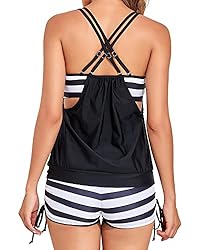 Holipick Women Black and White Stripes Tankini