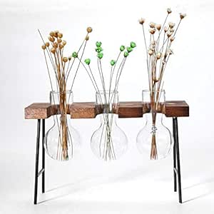 KnikGlass Florero Soporte de Madera, Maceta de Vaso de Vidrio