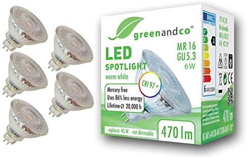 greenandcoCRI 97+ 2700K 110° LED spot Replaces 25 Watt GU5.3 MR16 Halogen Spotlight, 6W 360 Lumen Warm White 12V AC/DC, not dimmable, 5-Pack