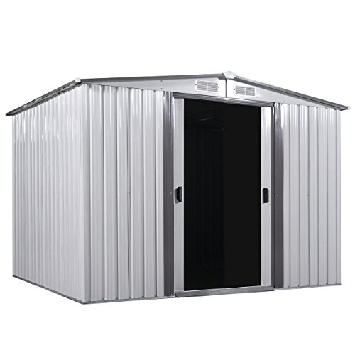 image for Tobbi 8' x 8' Outdoor Grey Steel Garden Storage Utility Tool Shed Back