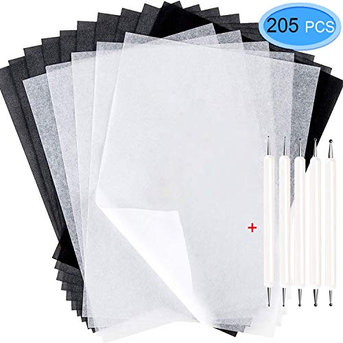200Pcs Tracing Paper, EAONE Transfer Tracing Paper and Carbon Graphite Paper with 5Pcs Embossing Stylus for Wood Burning Transfer, Wood Carving and Tracing, Black and White