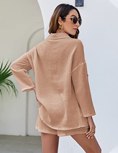 2 PIECE OUTFITS FOR WOMEN, LOUNGE SETS PAJAMA SETS LONG SLEEVE BUTTON DOWN OVERSIZED SHIRTS AND SHORTS WITH POCKETS(KHAKI-XS)