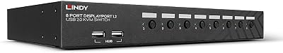 LINDY 8 Port DisplayPort 1.2 USB 2.0 KVM Switch 4K 60Hz Rackmount Audio
