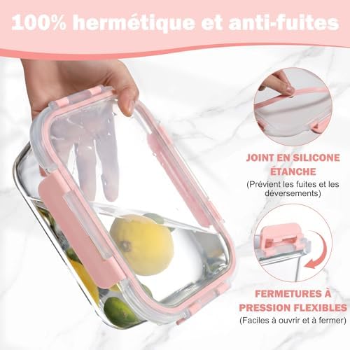 Boite Alimentaire Verre avec Couvercle Hermétique - Lot de 10 Lunch Box Verre Réutilisables, Sans BPA, Compatibles Micro-ondes, Four, Lave-vaisselle, Congélateur, Rose