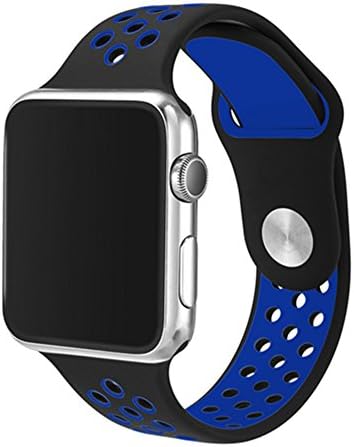 Silicone Watch bands for Apple Watch 42mm, Soft Silicone Sport Replacement Band for Apple Watch 38mm 42mm Series 3/2/1 (black+blue, 42mm M/L)