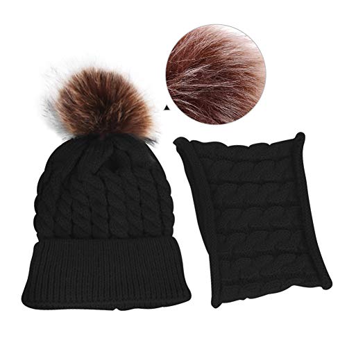 Baby Girls Boys Winter Beanie Hat Scarf Set Toddler Warm Knitted Hats Circle Scarf for Infant Newborn Winter Pom Hat Black