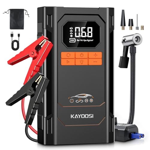 Kayoosi Arrancador de Batería de Auto Portátil 4000A, Compresor de Aire 150 PSI, 29800mAh, 10 en 1 Jumper para Carro 12V para 10L Diésel, para Autos, Motos, SUV, con Luz LED 600LM