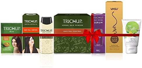Vasu 'Trichup Hair & Skin Care Oil' Perfecting Daily Moisturizer Use, with Cream, Powder, Repair Damaged Hairs, Natural Ingredients, Growth Thickening, Treatment Kit, 7 Pack