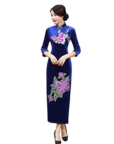 ACVIP Women's Peony Embroidered Long Cheongsam Qipao Evening Wedding Dress