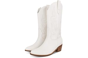 AMINUGAL Cowboy Boots for Women Mid Calf Cowgirl Boots Pointed Toe Chunky Heel Embroidered Western Boots Women Pull On Fashion Retro Classic Ankle Boots