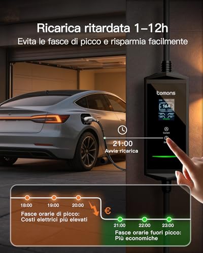 tomons App Electric Car Charging Cable, 3.68 kW 6M, Portable Electric Car Charger Type 2 Schuko, Single Phase 16 A, 2.4 Inch LCD IP65, Adjustable Time and Current for Model 3/Y, 500e, e-208, Other EV