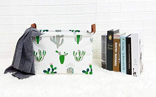 TIBAOLOVER Square Natural Linen & Cotton Fabric Storage Bin Handles organizing Kids Toy/Playroom Organization/Toy Bin/Closet/Shelf Baskets/Baby Hamper (Green and Gray Cactus)