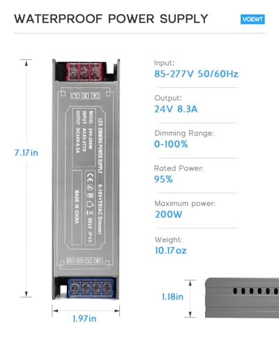VOEWT Dimmable LED Driver,200 Watts Power Supply 85V-277V AC to 24V DC Converter,Quiet and Small Transformer Low Voltage Output for Strip Light