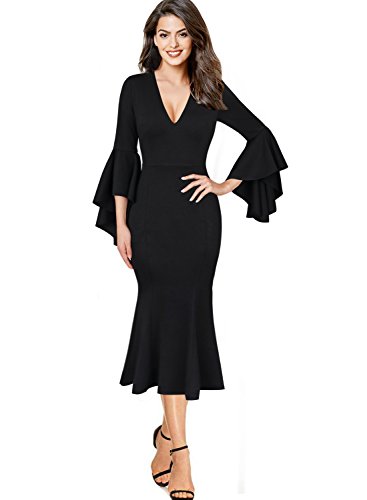 VfEmage Womens Sexy V-Neck Bell Sleeves Work Party Cocktail Sheath Dress 8992 Blk S