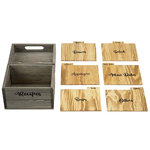 MyGift Vintage Gray Solid Wood Recipe Card Holder Box with Burnt Wooden Label Divider Tabs