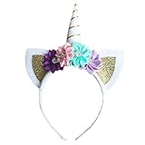 Zeroyoyo Glitter Hair Hoop Gold Unicorn Horn Ears Flower Headband Halloween Cosplay Costume Makeup Birthday Party Headdress