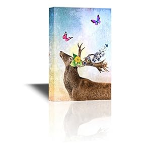Canvas Wall Art - Deer with Flowers in Antlers with Butterflies - Gallery Wrap Modern Home Art | Ready to Hang - 12x18 inches
