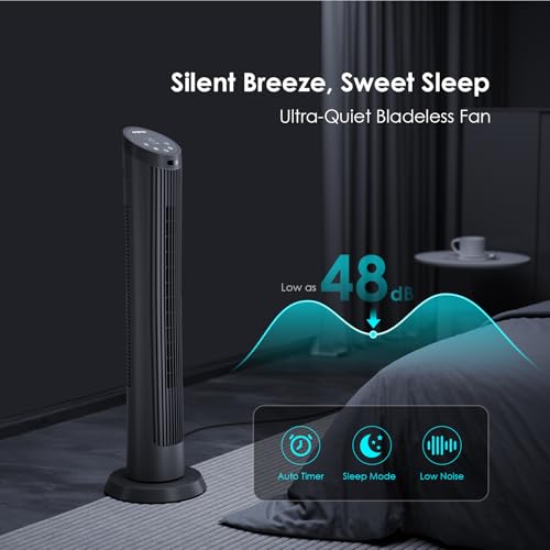 Oraimo 40" Silent Tower Fan with Remote Control 10m, 50W Powerful DC Brushless Motor, 4 Speeds,3 Wind Modes,12H Timer, 90° Oscillation, LED Display, Fan Standing for Bedroom Home Office