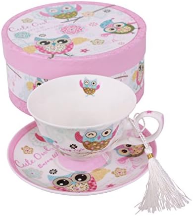 London Boutique Fine China Porcelain Coffee Tea Cup and Saucer Set One Butterfly Shabby Chic Vintage Gift Box (Owl)