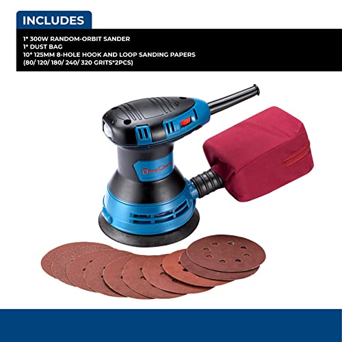 DongCheng Exzenterschleifer 125mm, 300W Variable Drehzahl Schleifer Kit mit Staubbeutel und 10-Stück Multischleifer Schleifpapier, für Holzbearbeitung, Modell DSA125