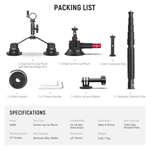 NEEWER Triple Suction Cup Car Mount Compatible with Insta360 X5 X4 GoPro DJI OSMO 360 Cameras, Quick Release Outside Windshield Magic Arm Mount Kit with 2 in 1 Extension Pole/Selfie Stick, CA065