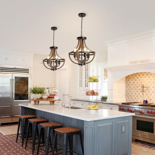 SEEBLEN Farmhouse Chandelier,Vintage 4-Light Hanging Pendant Light Height Adjustable,Rustic Metal Ceiling Light in Faux Wood Grain Color for Dining Room Kitchen Foyer Hallway Entryway Bedroom Closet.
