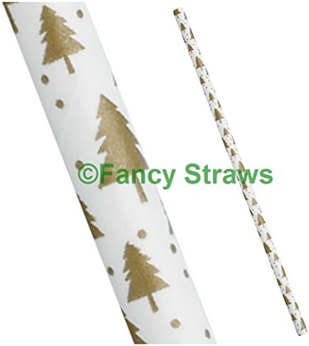 Christmas White with Gold Christmas Trees Paper Drinking Straws - 25 Pack