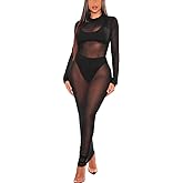 Azhong Women’s Sexy See Through Long Sleeve Mock Neck Sheer Mesh Bodycon Cocktail Club Party Cover Up Maxi Dress