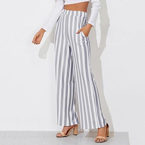 Women Wide Leg Pants Loose Long Trousers Stretch Waist Stripe Office Working Pants Hemlock (M, Grey)